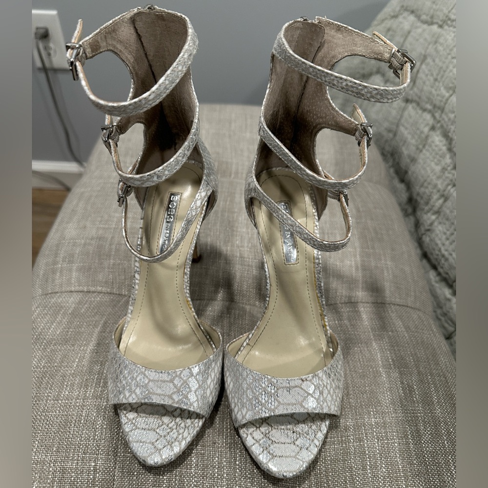 BCBGeneration 4” strappy sandals with 4” stiletto heel. Size 6